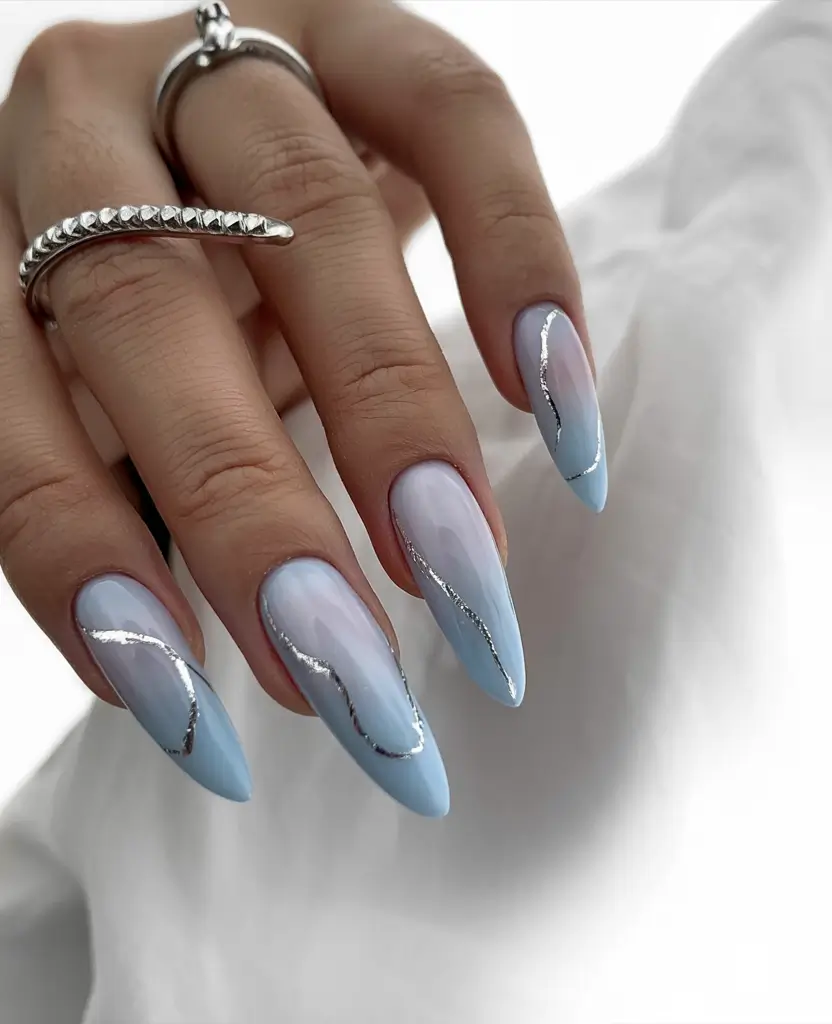 March Nail Colors - spring Ideas 2026 Silver Lined Blue Skies for a Fresh Spring Transition