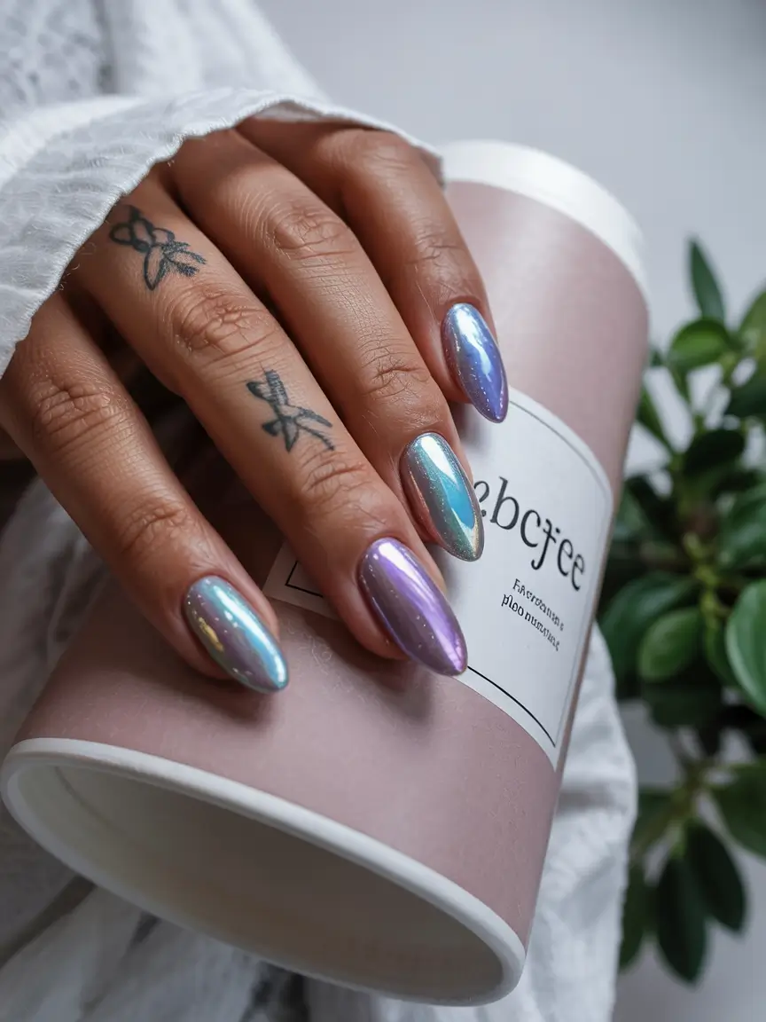 March Nail Colors - spring Ideas 2026 Pearl Chrome Shimmer for a Dreamy Spring Glow