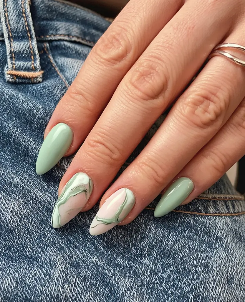 March Nails - Spring Ideas 2026 Minty Green Marble Waves for a Fresh Spring Lift