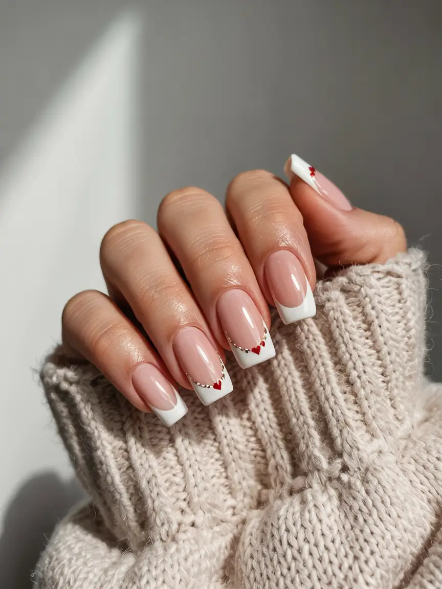 March Nails - Spring Ideas 2026 French Squares With Sweet Heart Details