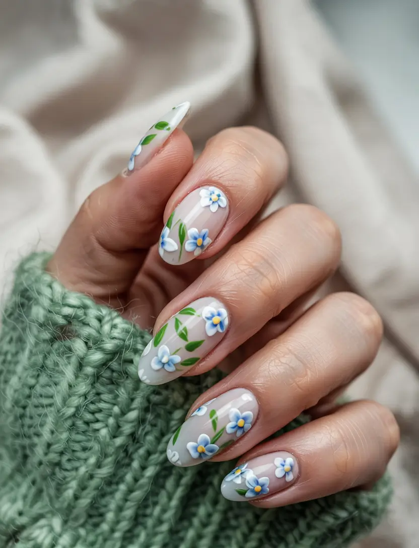 March Nails - Spring Ideas 2026 Blooming Blue Floral Art for a Spring Story
