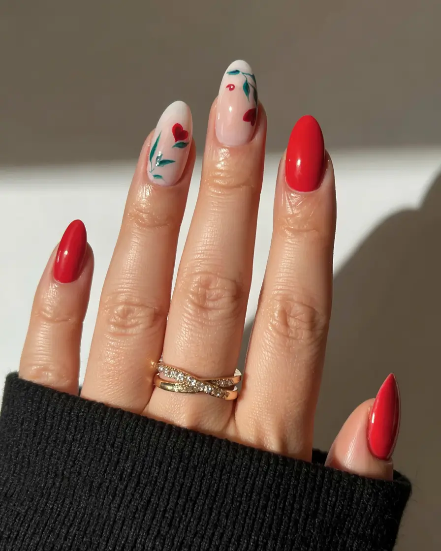 March Nails - Spring Ideas 2026 Soft Red Florals for a Fresh March Mood