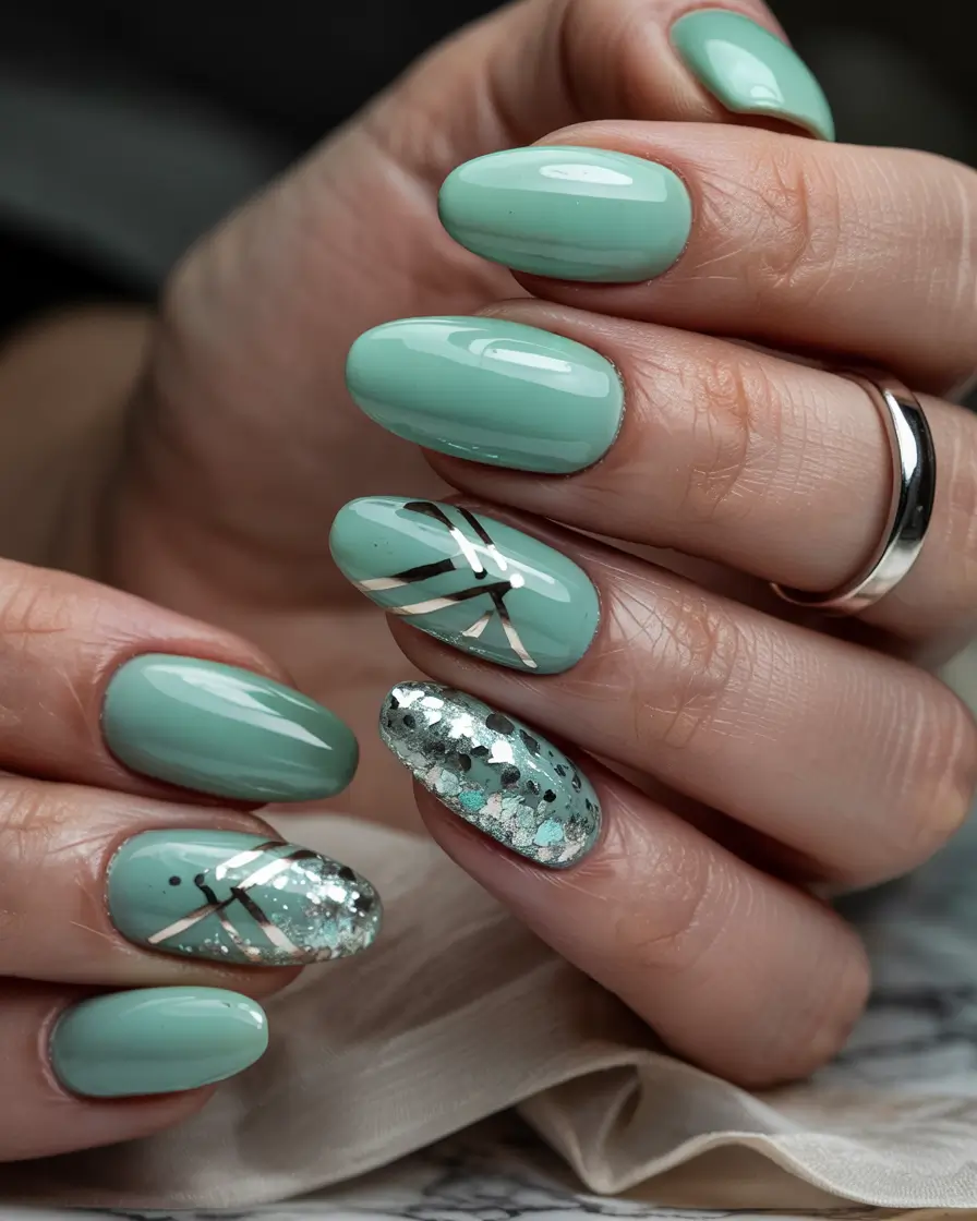 March Nails - Spring Ideas 2026 Mint Chrome and Silver Glitter for a Fresh Spring Spark