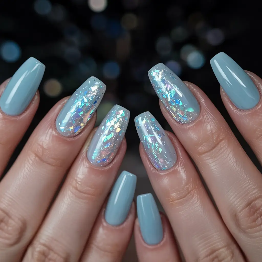 March Nails - Spring Ideas 2026 Icy Blue Shimmer With a Soft Spring Glow