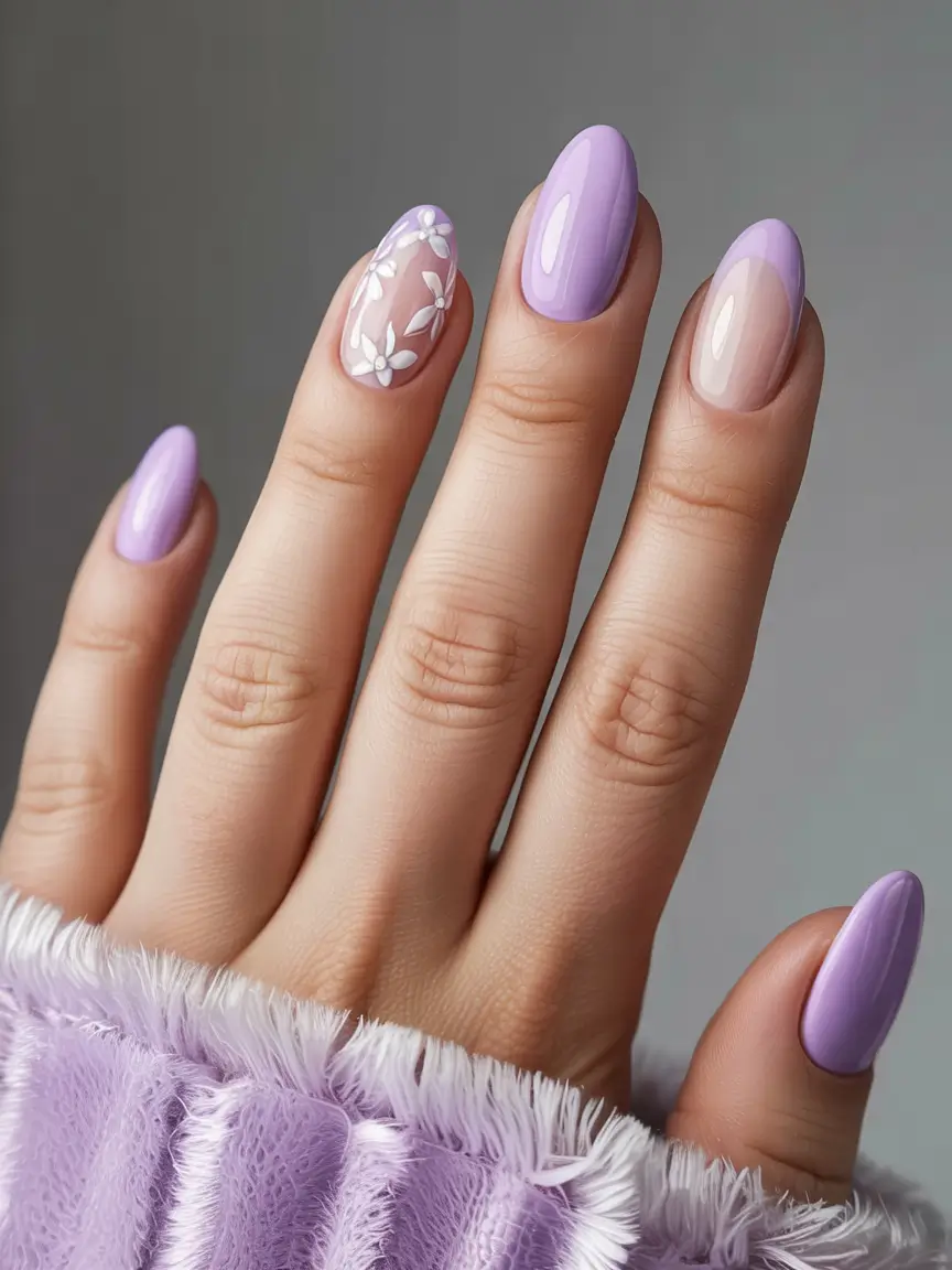 March Nails - Spring Ideas 2026 Lavender Gloss and White Petal Art for a Sweet Spring Touch