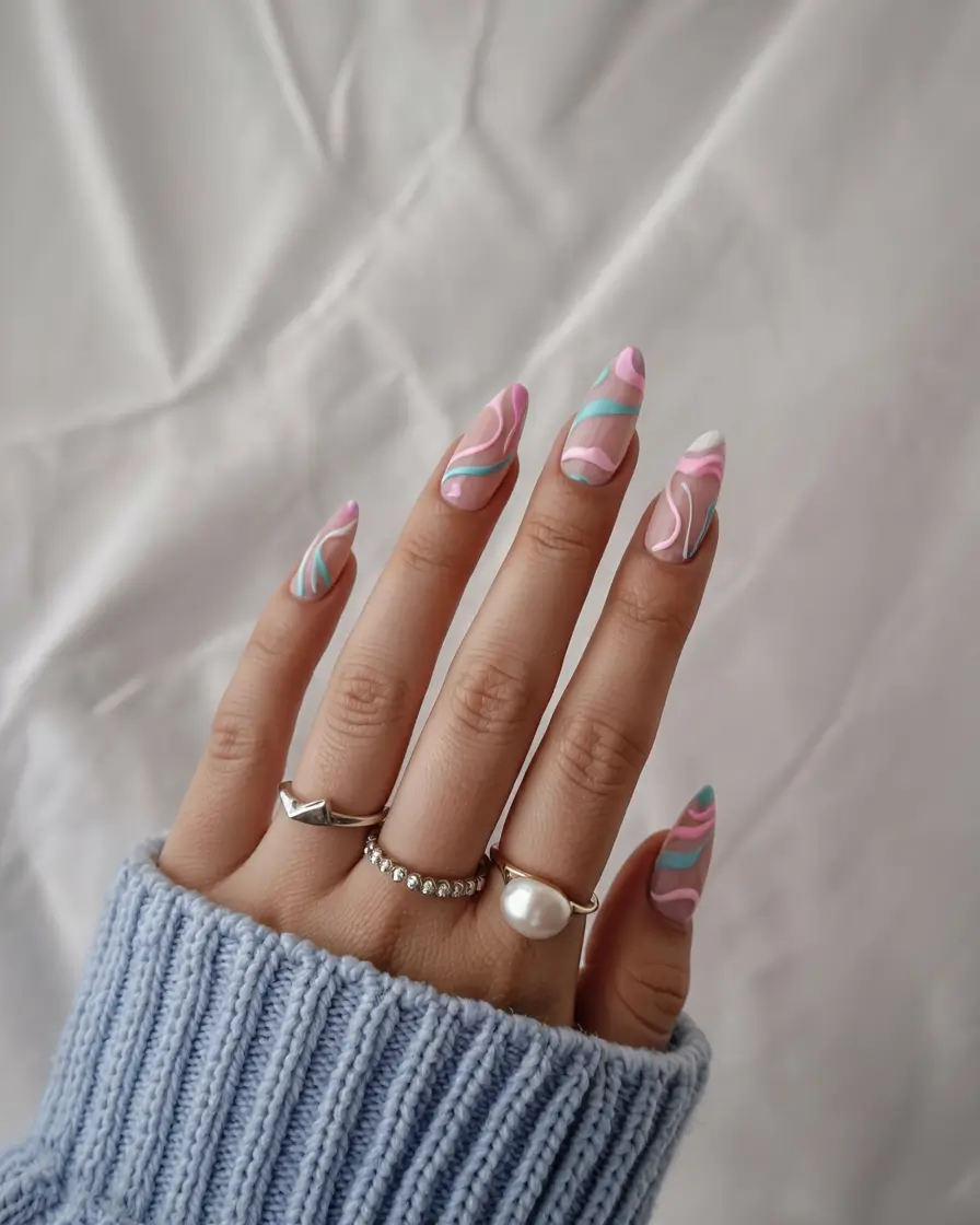 March Nails - Spring Ideas 2026 Pastel Swirls in Pink and Blue for a Playful Start to Spring