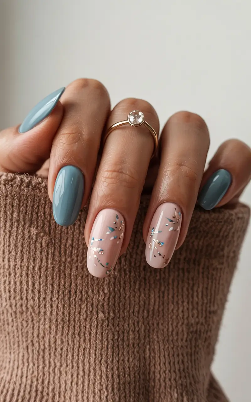 March Nails - Spring Ideas 2026 Blue Grey and Soft Nude With Sparkling Branch Art