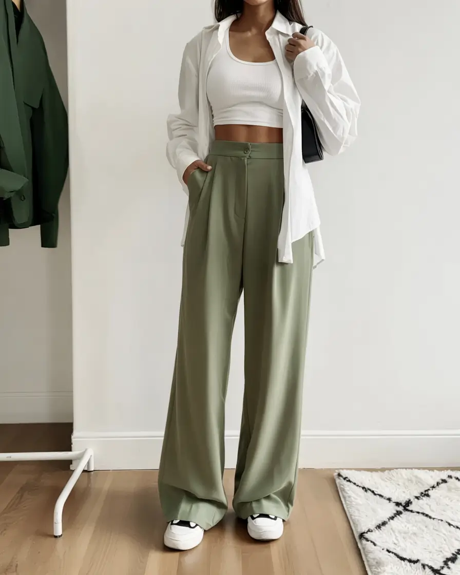 March Outfits - spring Ideas 2026 Lightweight Green Trousers with a Fresh White Layer