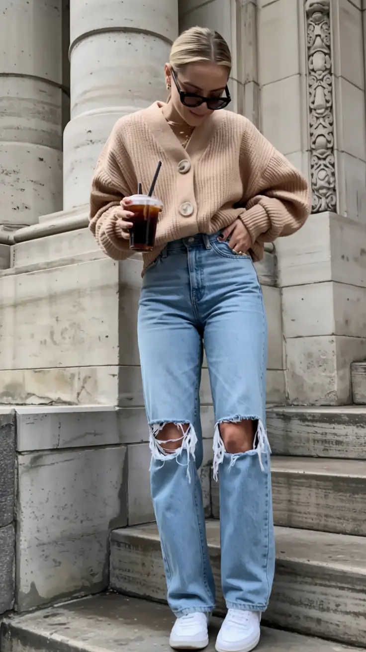 March Outfits - spring Ideas 2026 Cozy Neutrals with Ripped Denim for an Easy March Morning