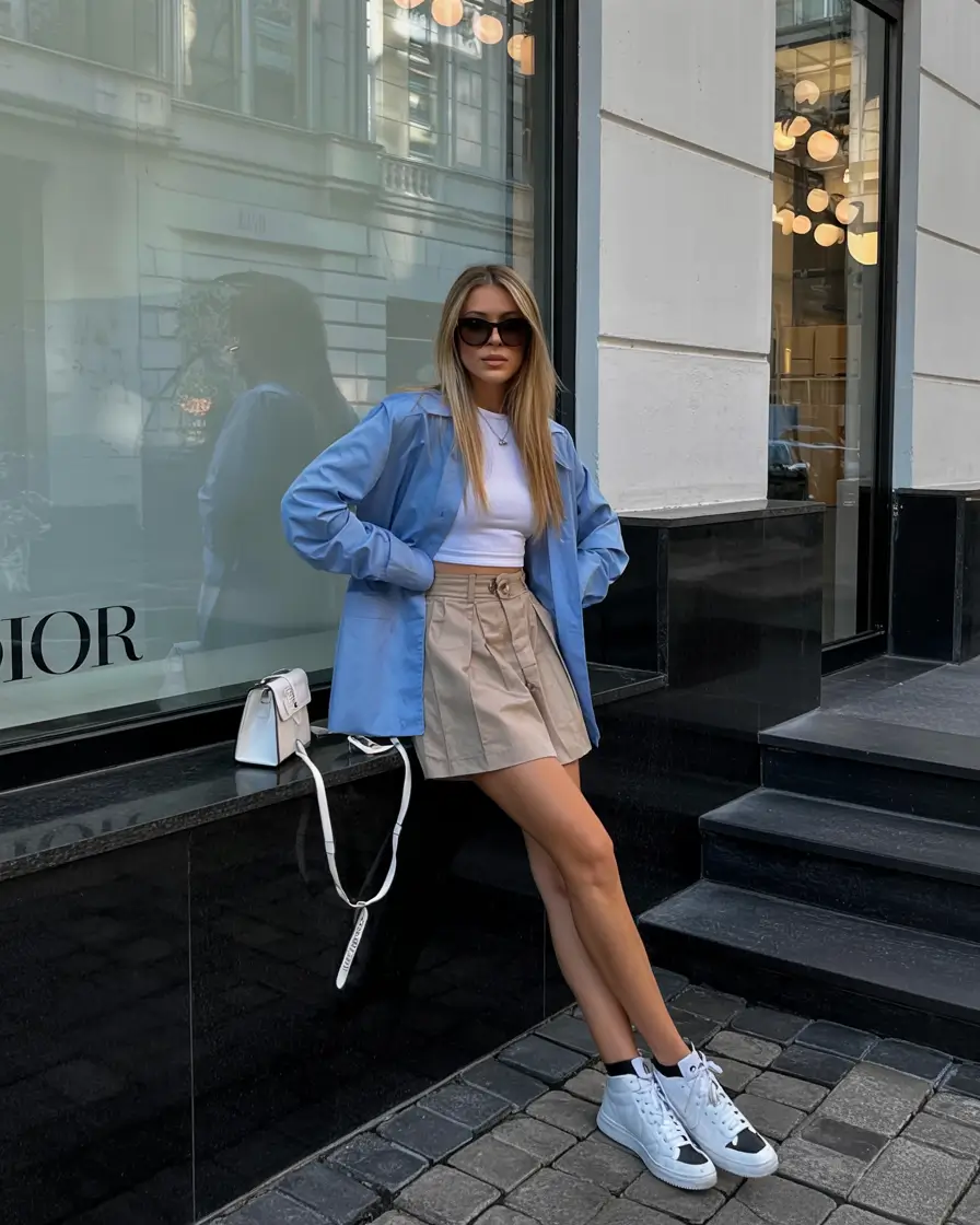 March Outfits - spring Ideas 2026 Fresh Blue Layering with a Soft Mini for Spring