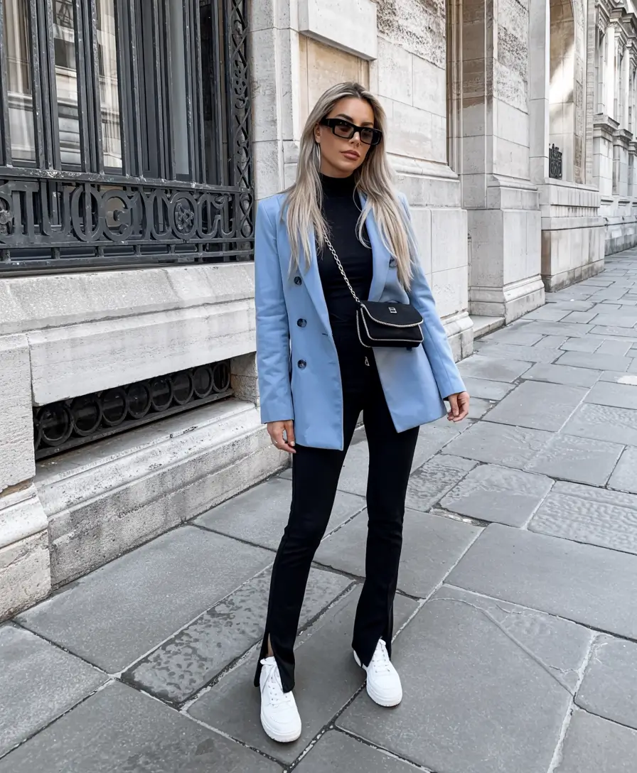 March Outfits - spring Ideas 2026 Blue Blazer with Sleek Monochrome Layers for Modern Spring