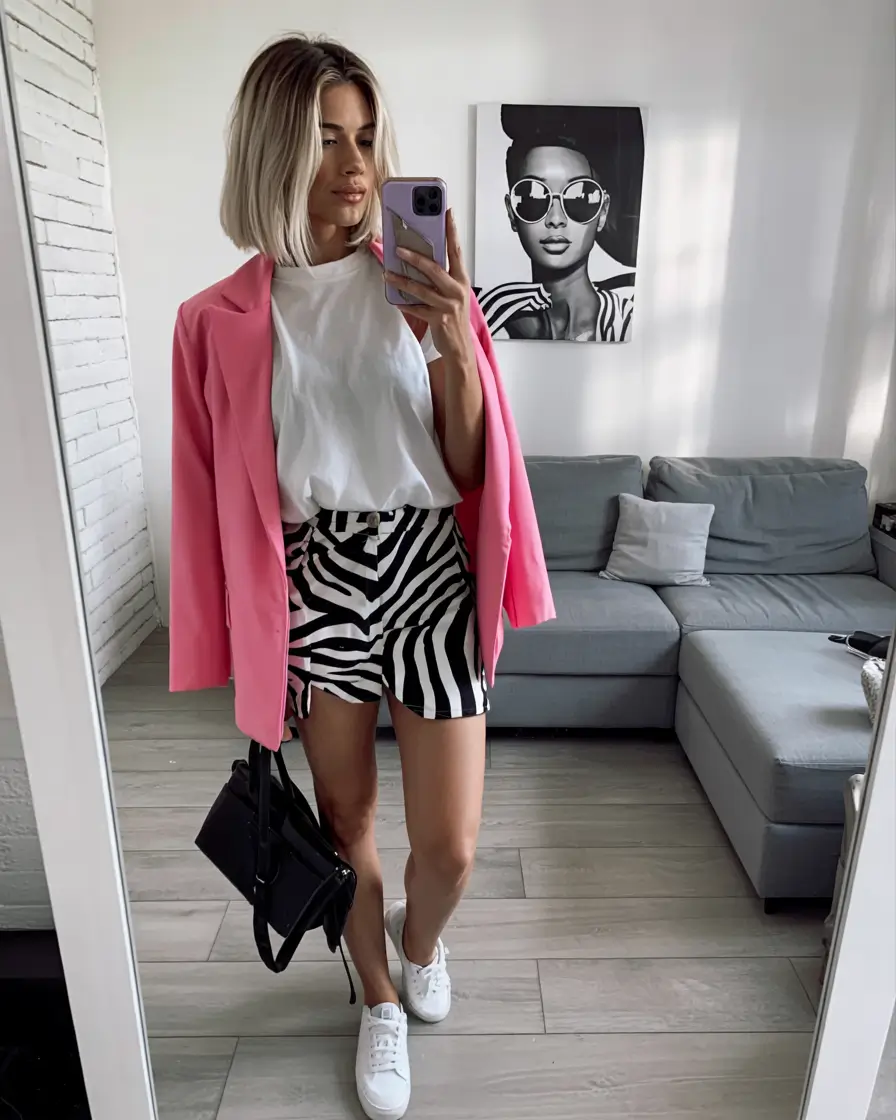 March Outfits - spring Ideas 2026 Bold Pink Blazer with Playful Zebra Print