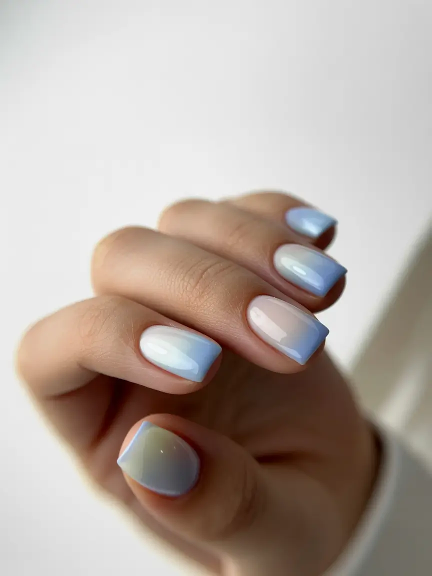 modern spring nail colors 2026 Soft Blue Mist Ombre Dream