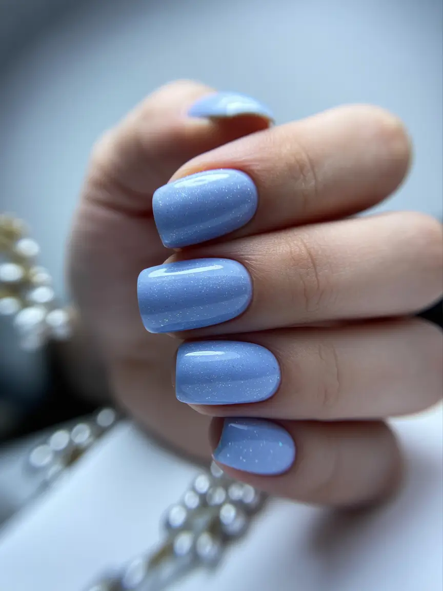modern spring nail colors 2026 Soft Blue Glitter Breeze