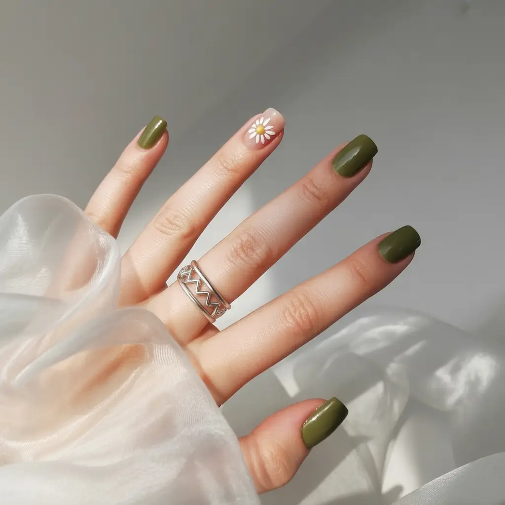 modern spring nail colors 2026 Olive Meadow Daisy Accent