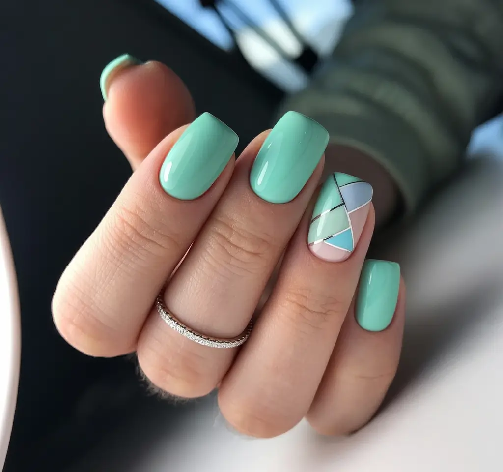 modern spring nail colors 2026 Mint Glass Geometric Accent