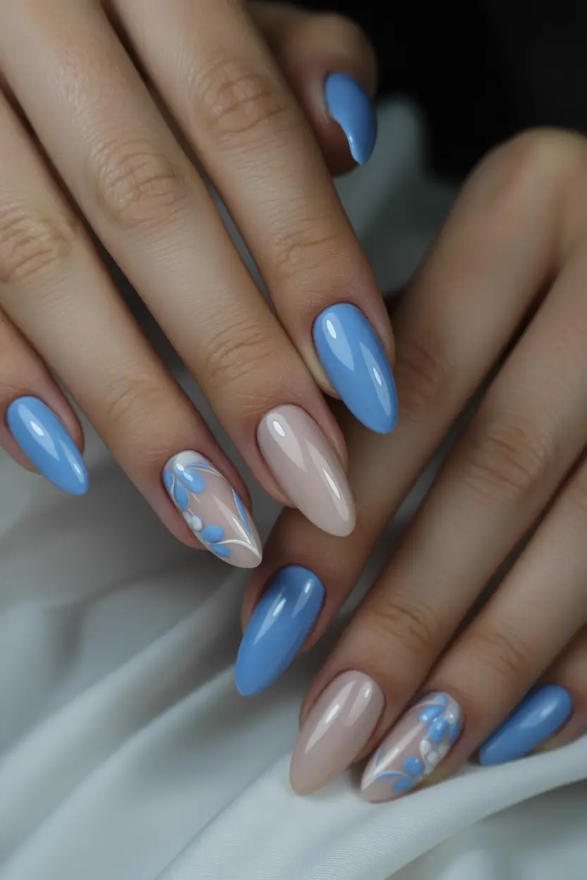 modern spring nail colors 2026 Sky Blue Florals with Nude Harmony