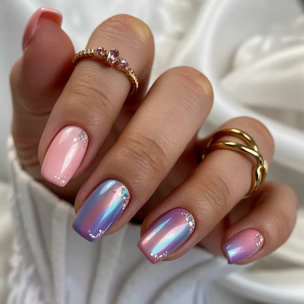 modern spring nail colors 2026 Pink Sunrise Glow with Crystal Shimmer