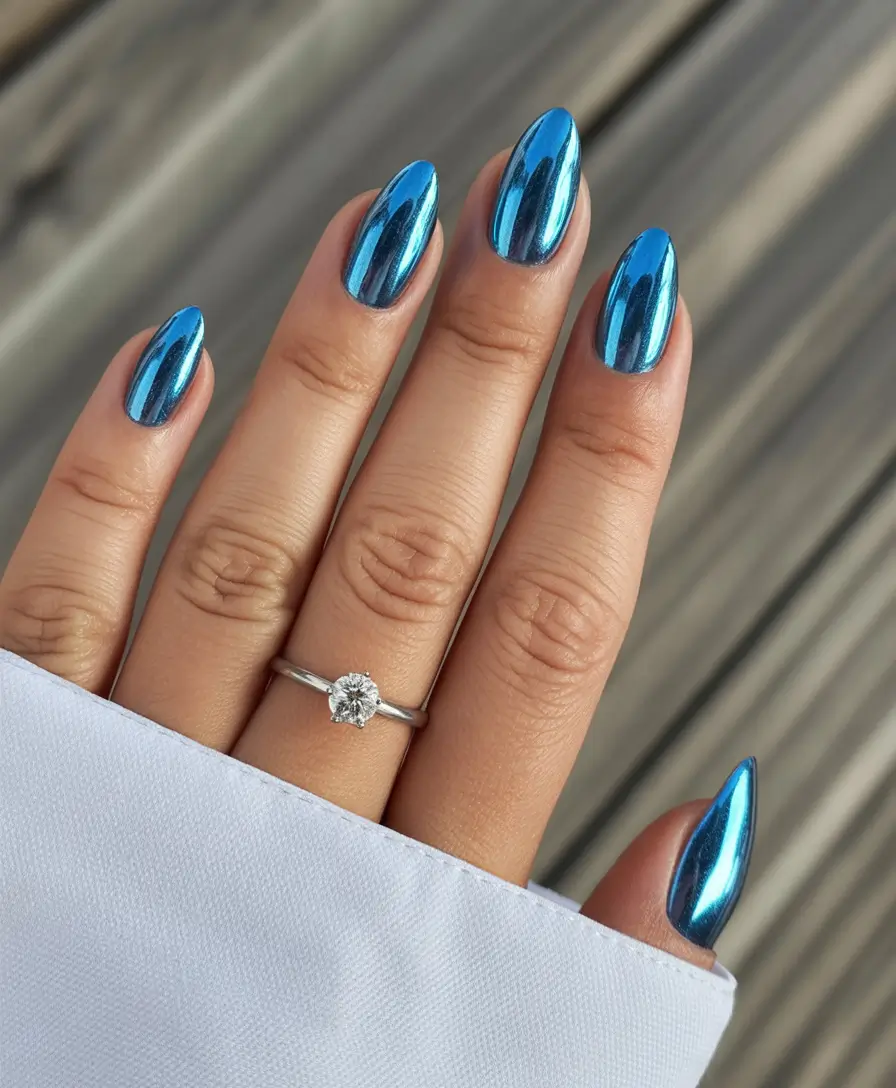 modern spring nail colors 2026 Blue Chrome Shine Statement