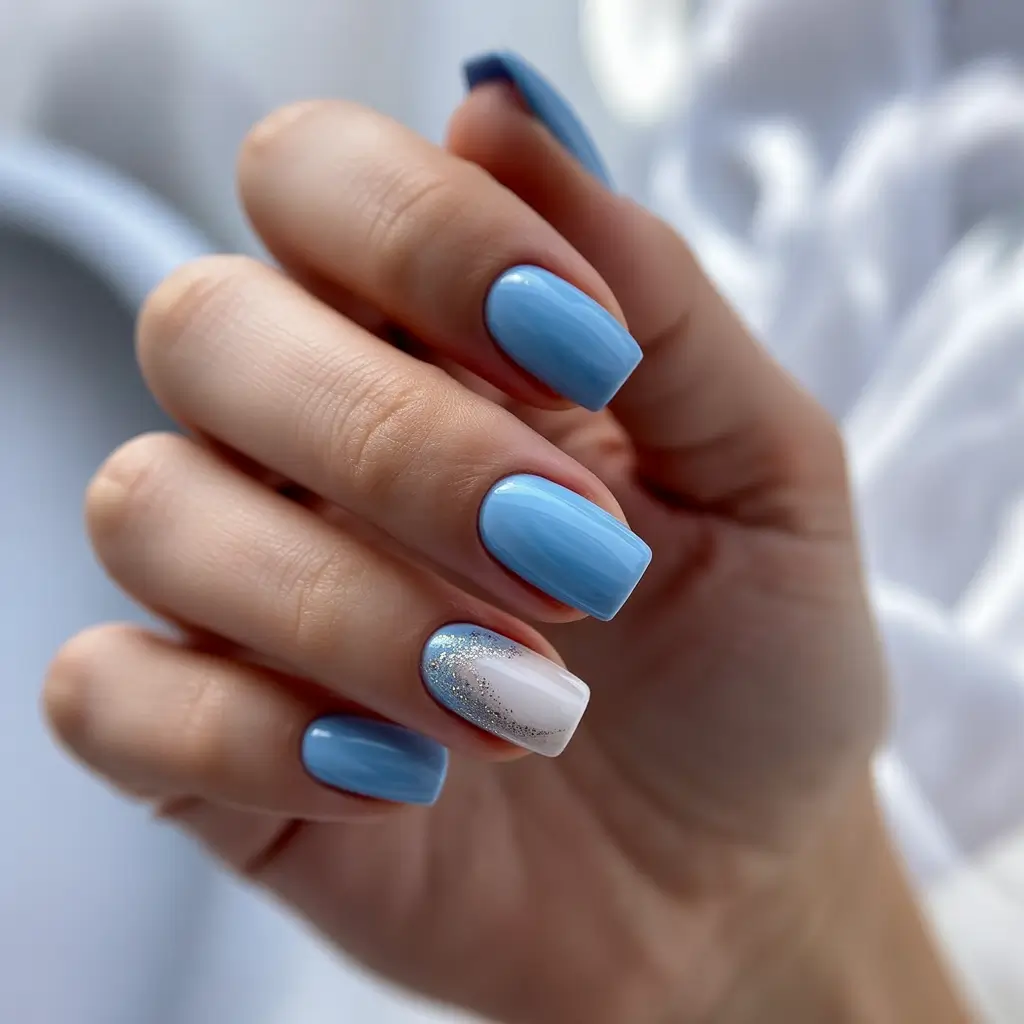 modern spring nail colors 2026 Blue and White Spring Fade Sparkle