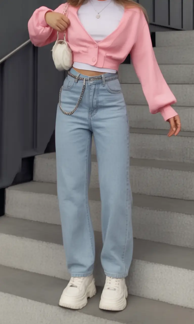 modern spring transition outfits 2026 style Soft Pink Layers with Light Denim Playfulness