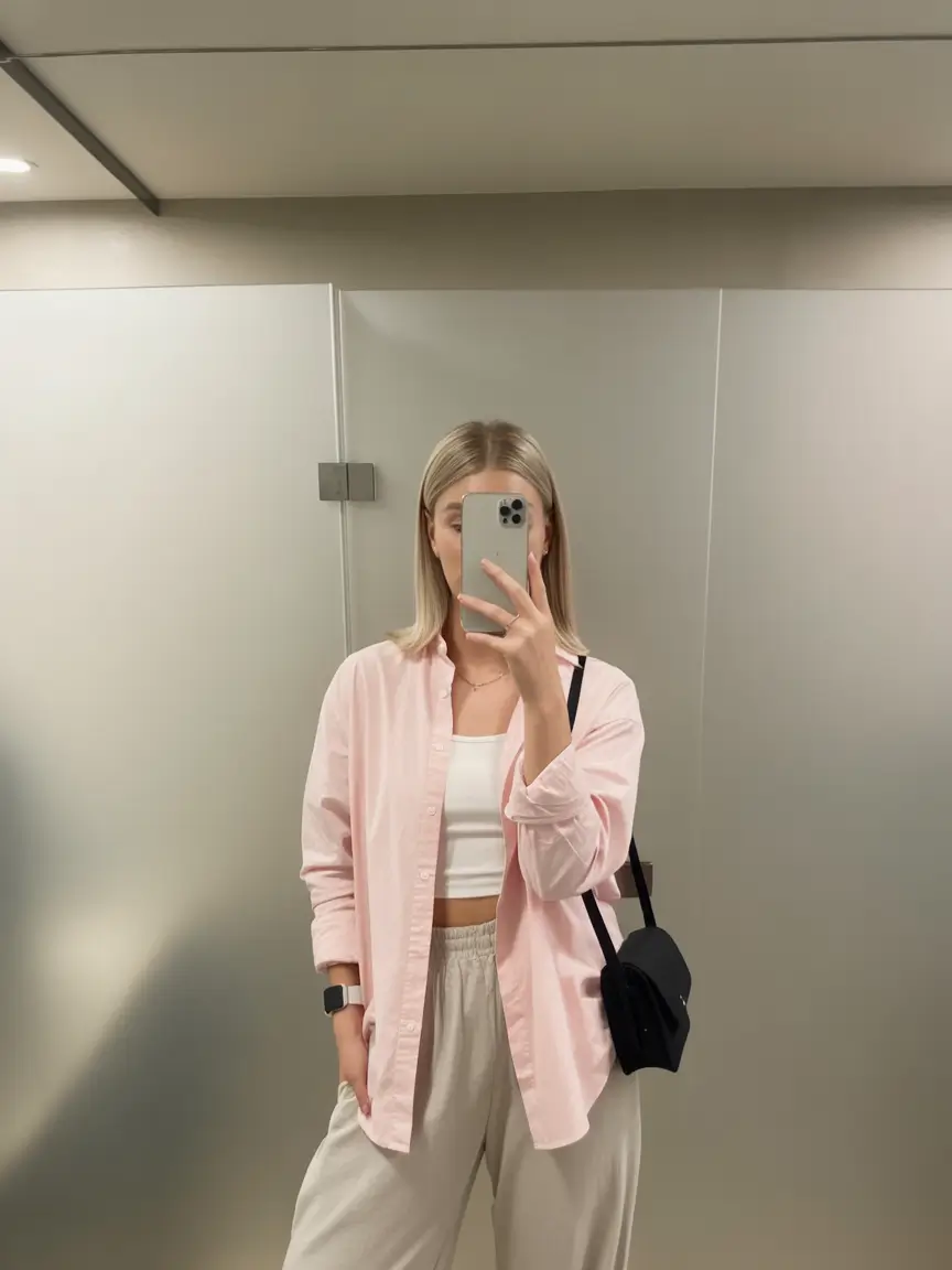 modern spring transition outfits 2026 style Relaxed Pink Overshirt with Everyday Neutrals