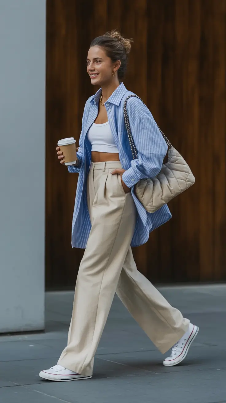 modern spring transition outfits 2026 style Blue Stripes and Tailored Neutrals in Motion