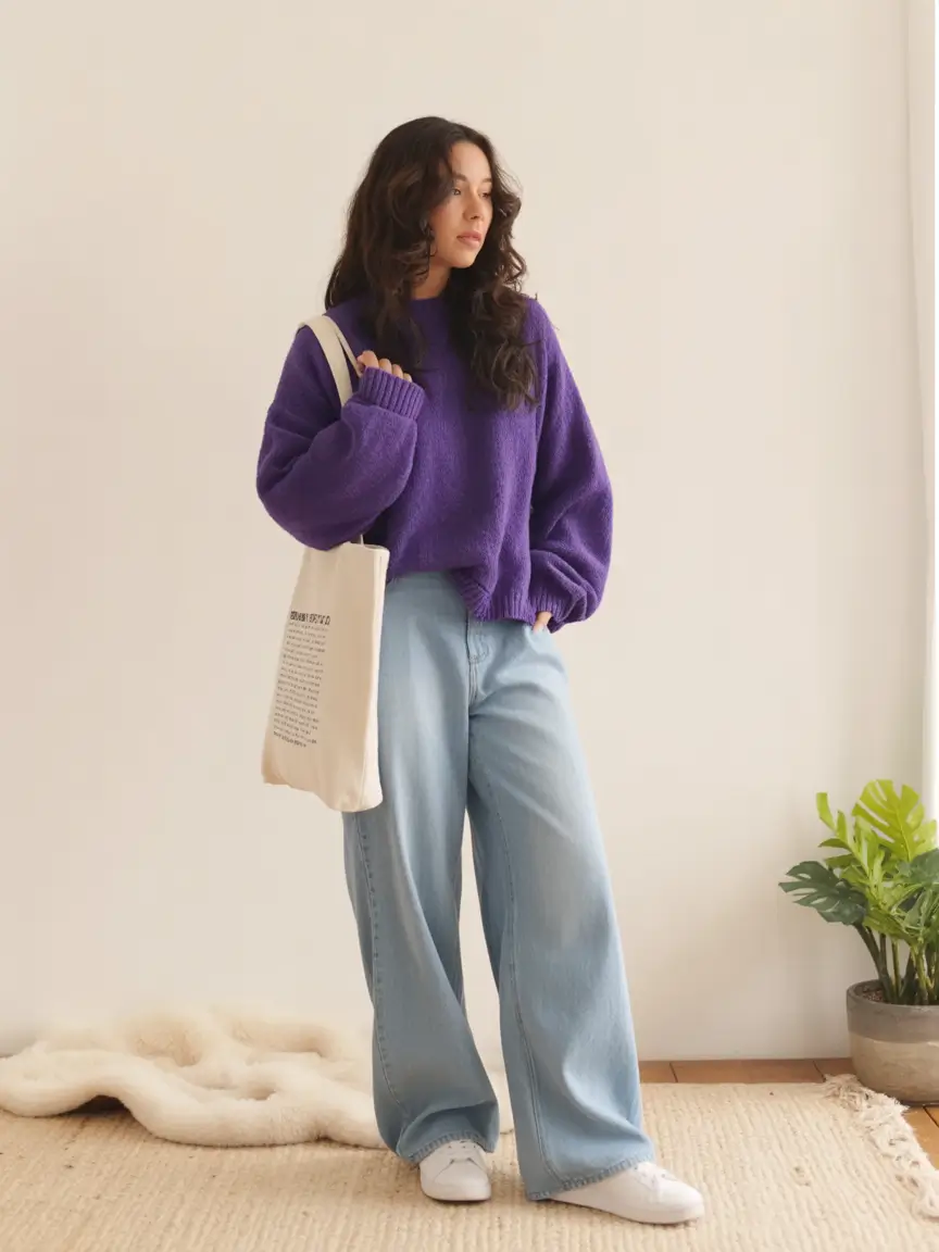 modern spring transition outfits 2026 style Bold Violet Knit with Relaxed Light Denim