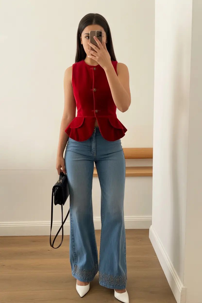 modern spring transition outfits 2026 style Structured Red Peplum with Modern Denim Flare