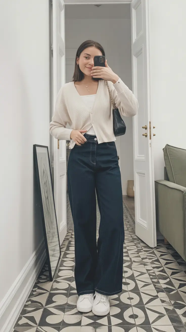 modern spring transition outfits 2026 style Creamy Neutrals with Dark Denim Definition