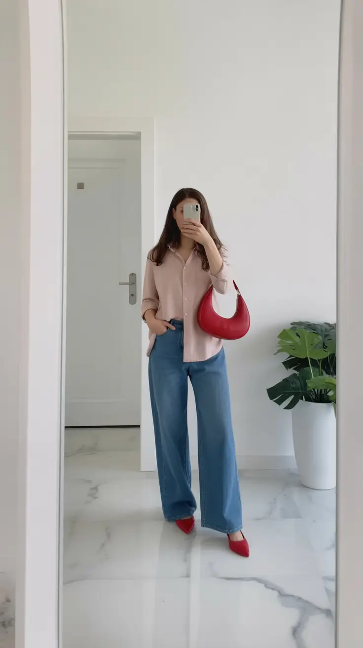 modern spring transition outfits 2026 style Denim Ease with a Bold Color Accent