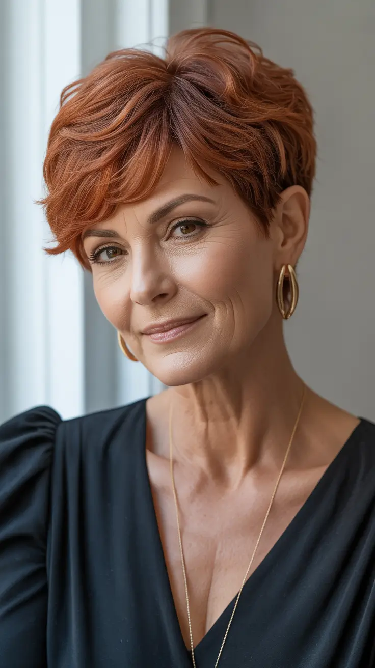 natural spring haircuts for women over 60 2026 Short Sassy Copper Pixie With Textured Layers