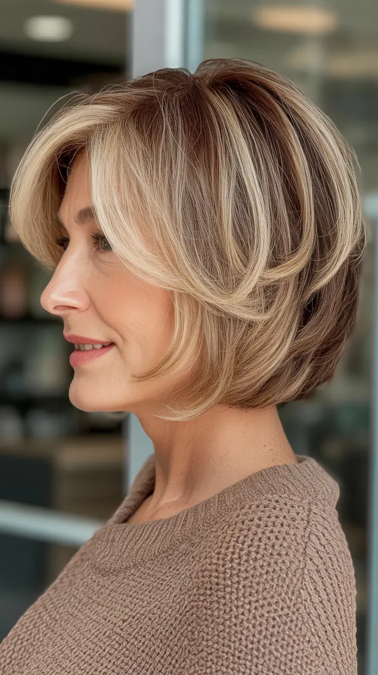 natural spring haircuts for women over 60 2026 Stacked Bob With Dimensional Blonde Layers