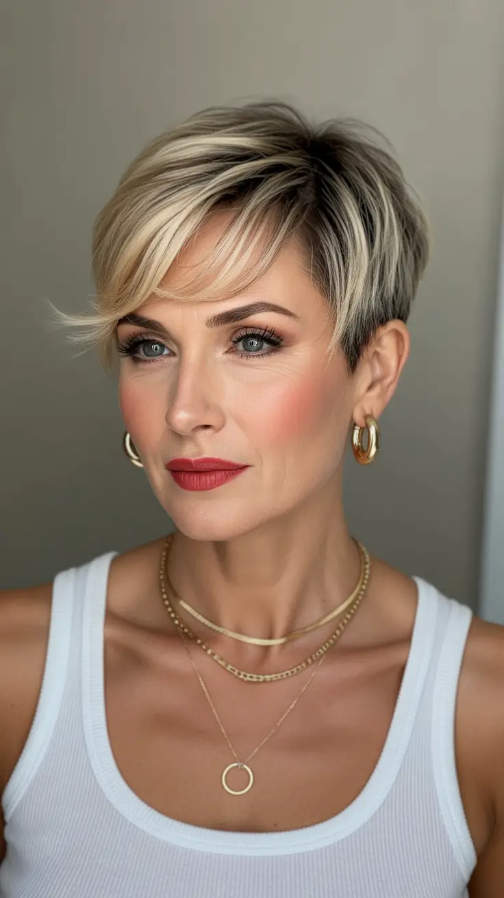 natural spring haircuts for women over 60 2026 Short Blonde Pixie With Long Side Swept Fringe
