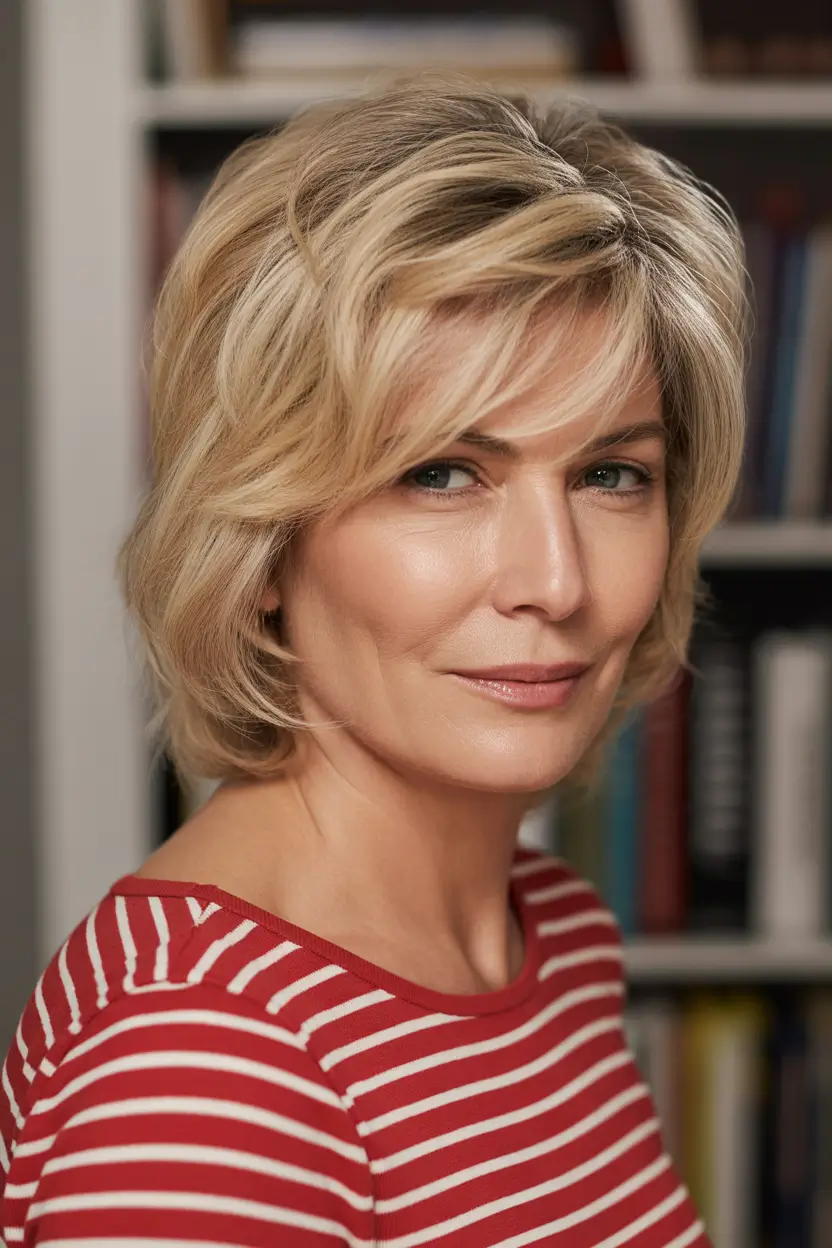 natural spring haircuts for women over 60 2026 Layered Blonde Bob With Side Movement