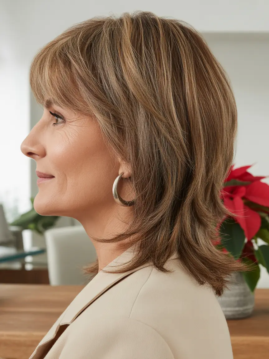 natural spring haircuts for women over 60 2026 Soft Layered Medium Cut With Tapered Ends