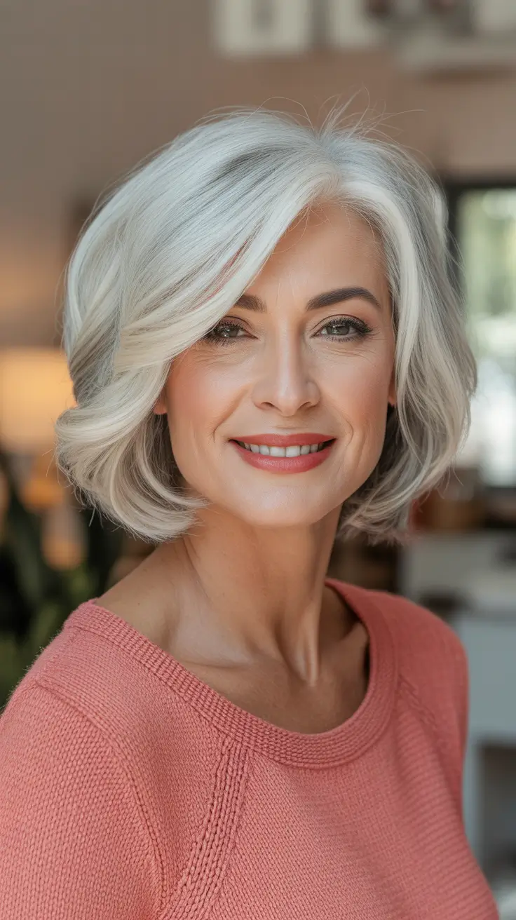 natural spring haircuts for women over 60 2026 Soft Silver Medium Length Bob With Side Sweep