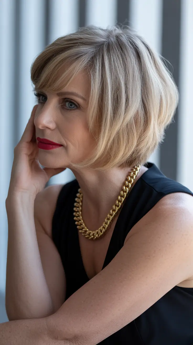 natural spring haircuts for women over 60 2026 Chin Length Blonde Bob With Structured Layers