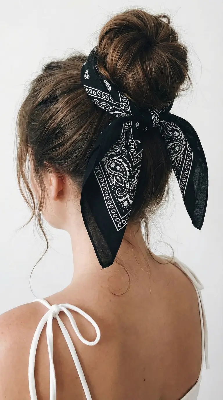 natural spring hairstyles 2026 Messy Bun With Bandana Tie