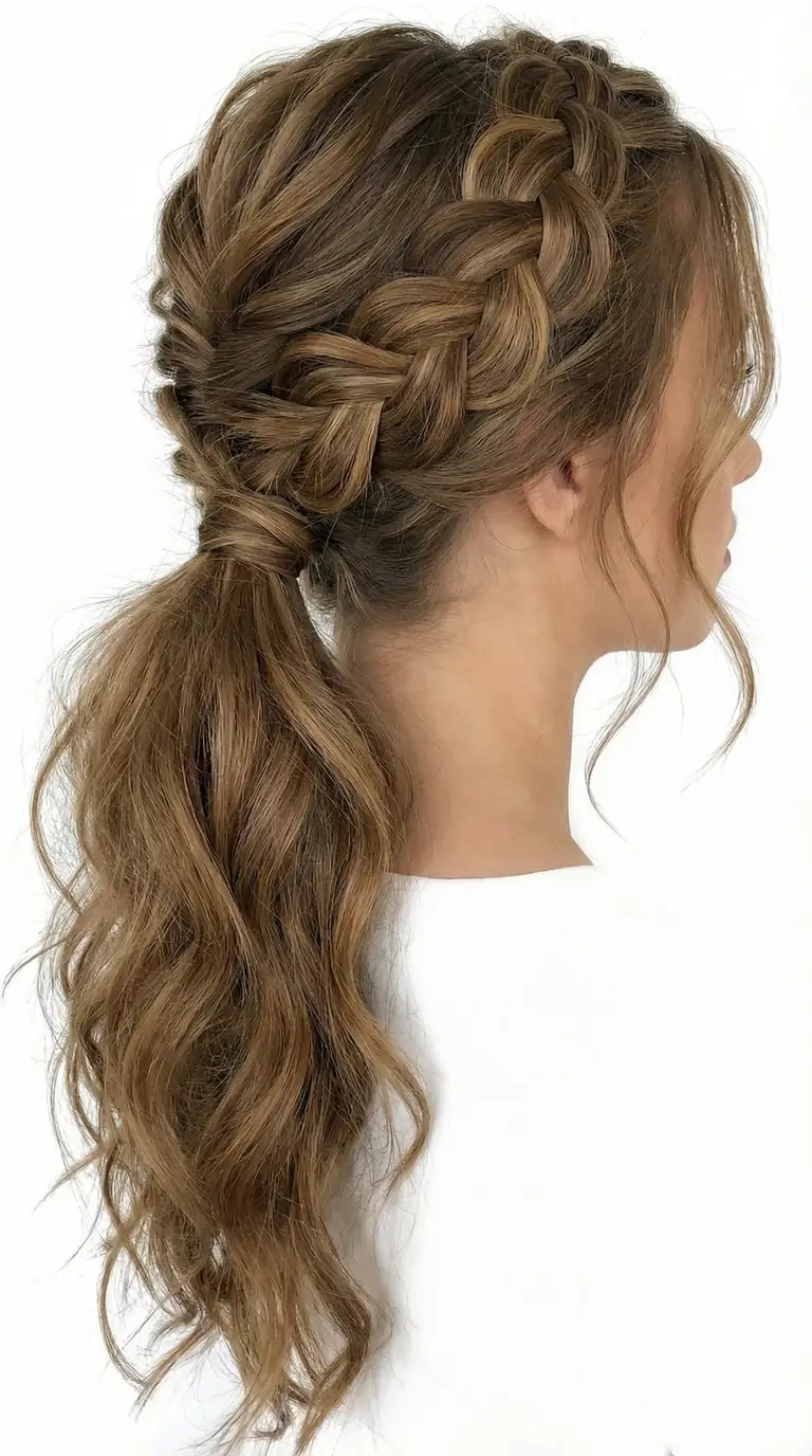 natural spring hairstyles 2026 Diagonal Crown Braid With Loose Pony Waves