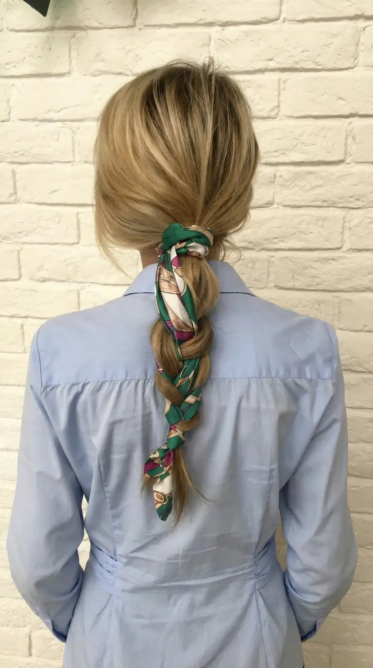 natural spring hairstyles 2026 Braided Ponytail Wrapped With a Printed Scarf