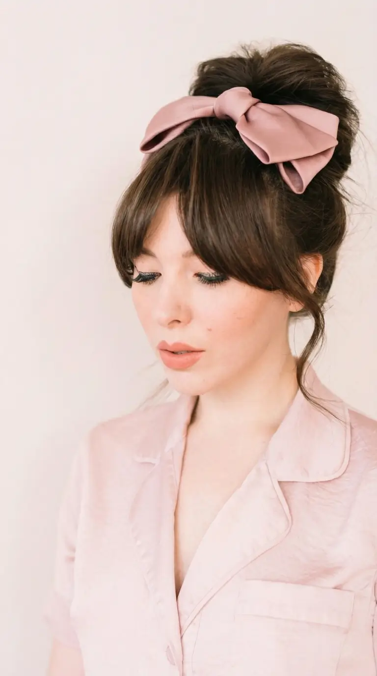 natural spring hairstyles 2026 Voluminous Top Bun With Soft Fringe and Satin Bow
