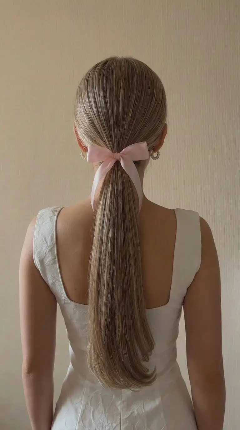 natural spring hairstyles 2026 Sleek Low Ponytail With Pastel Ribbon Detail