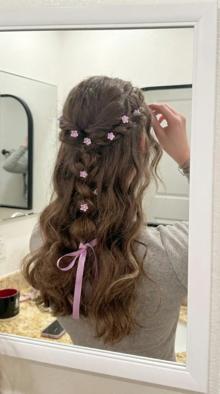 natural spring hairstyles 2026 Flower Accented Half Up Braid With Cascading Waves