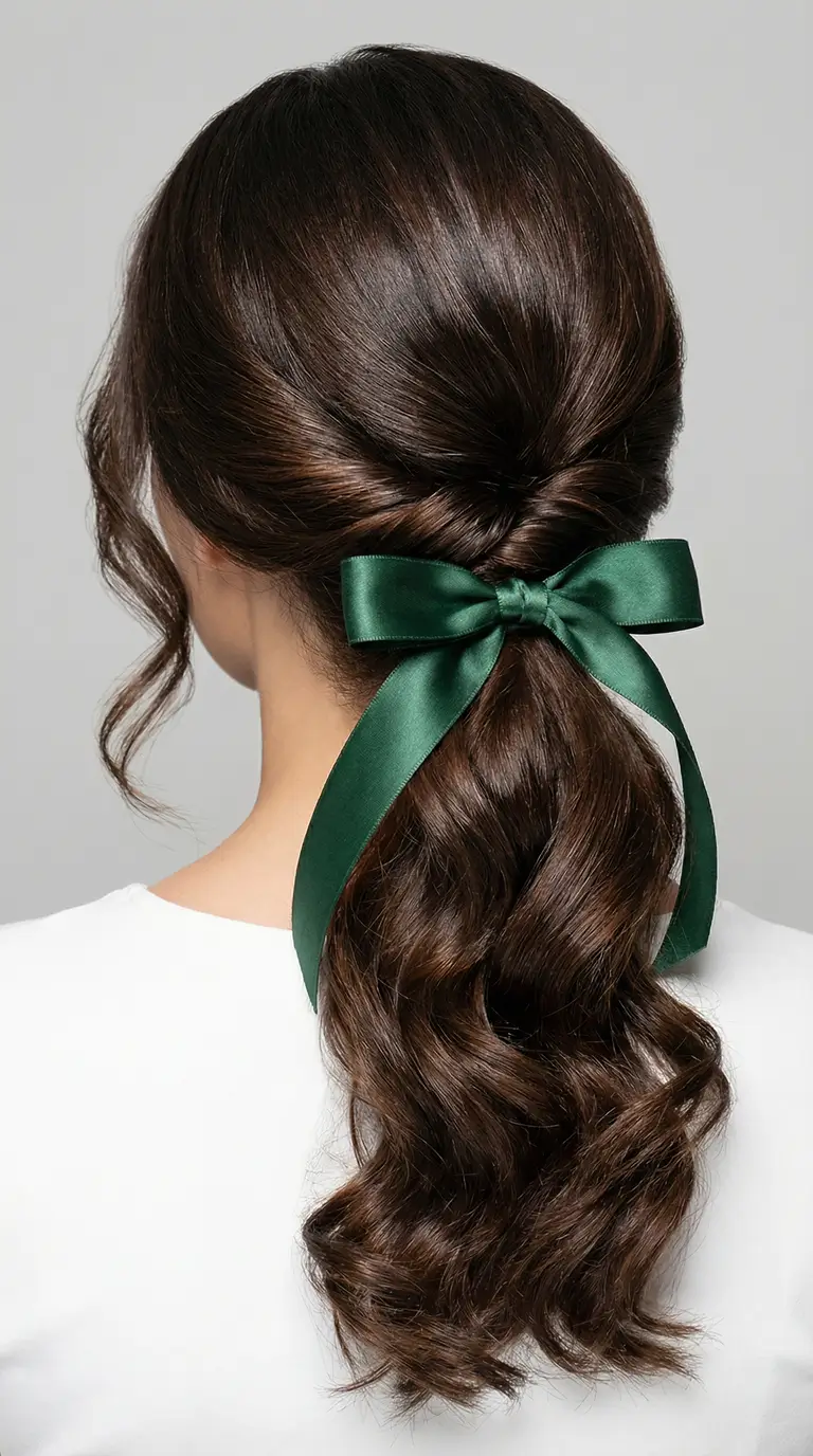 natural spring hairstyles 2026 Twisted Pony With Deep Green Ribbon