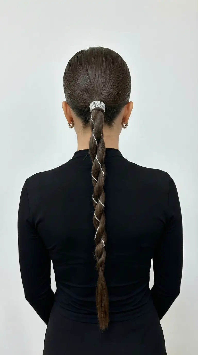 natural spring hairstyles 2026 Sleek Braided Tail With Crystal Thread Detail