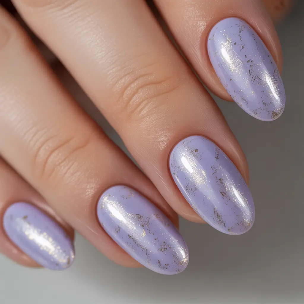 playful spring almond nails 2026 Soft Lavender Shimmer with Golden Flecks