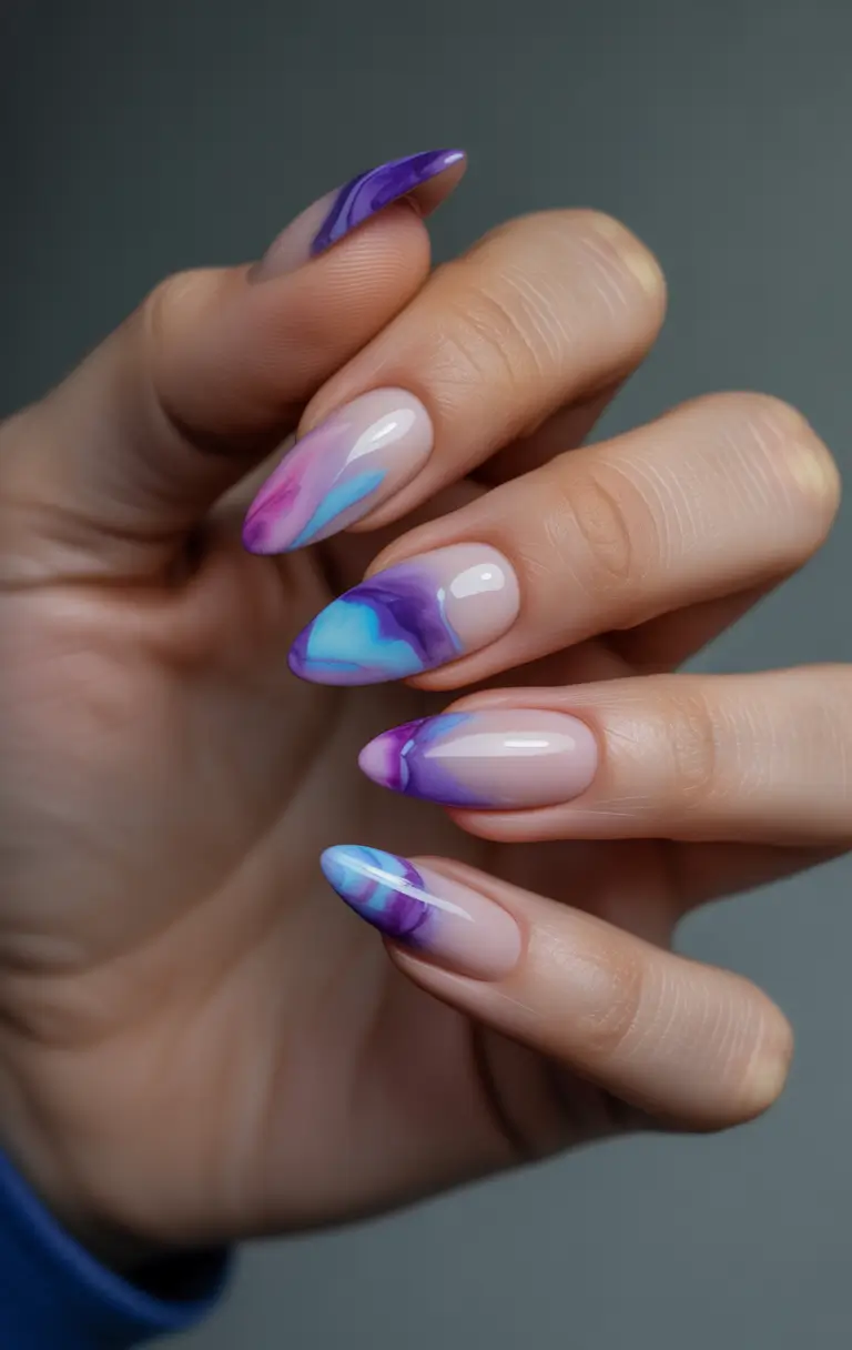 playful spring almond nails 2026 Abstract Purple and Blue Marble Waves