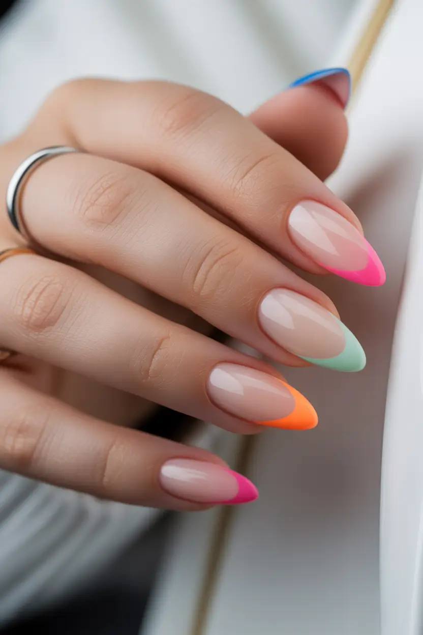 playful spring almond nails 2026 Neon French Tips in Multicolor Pastel Pop