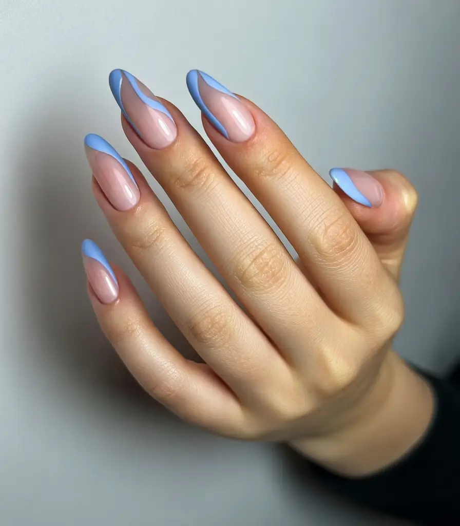playful spring almond nails 2026 Soft Nude with Blue Outline French